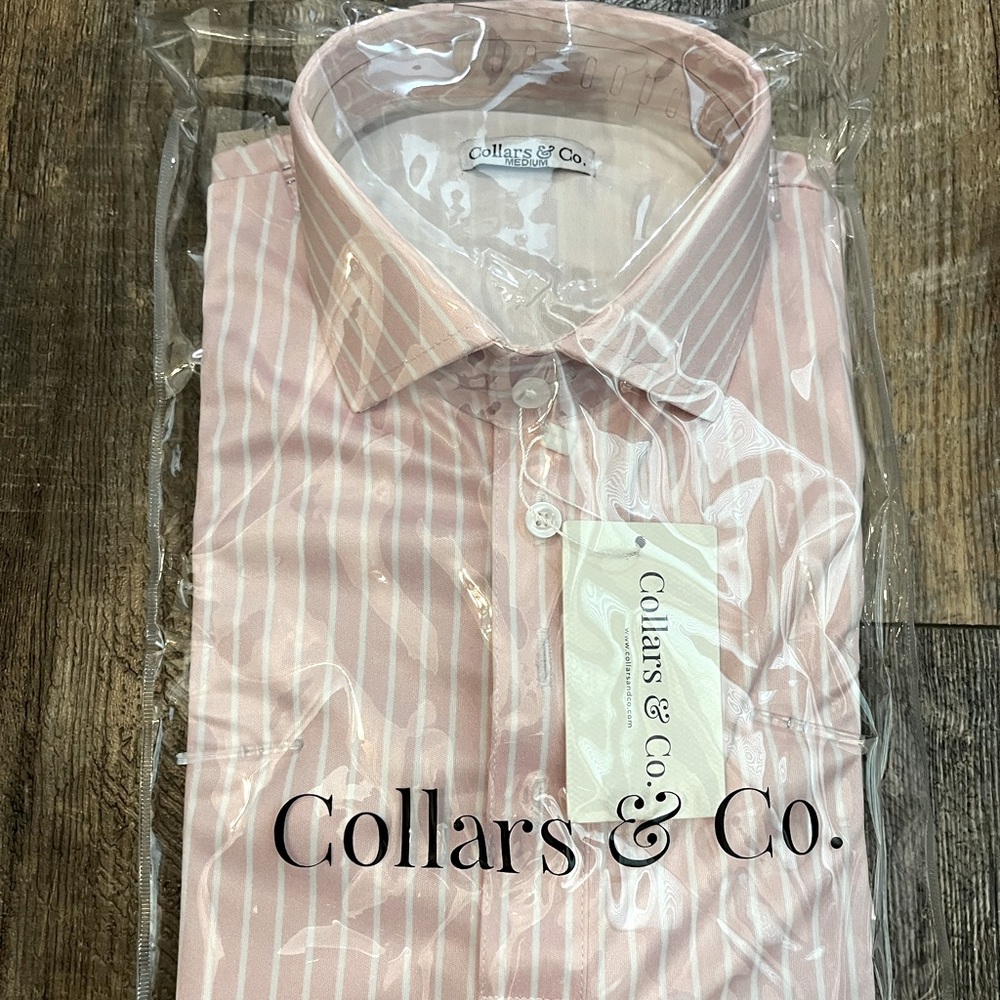 Collars & Co Semi Spread Polo Saint Tropez Pink with White Stripes size Medium